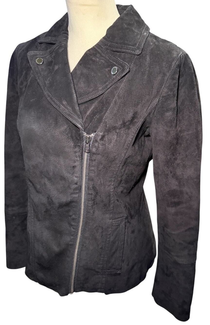 Isaac Mizrahi Live Black Suede Leather Moto Jacket, Floral Lining, Women Size 4